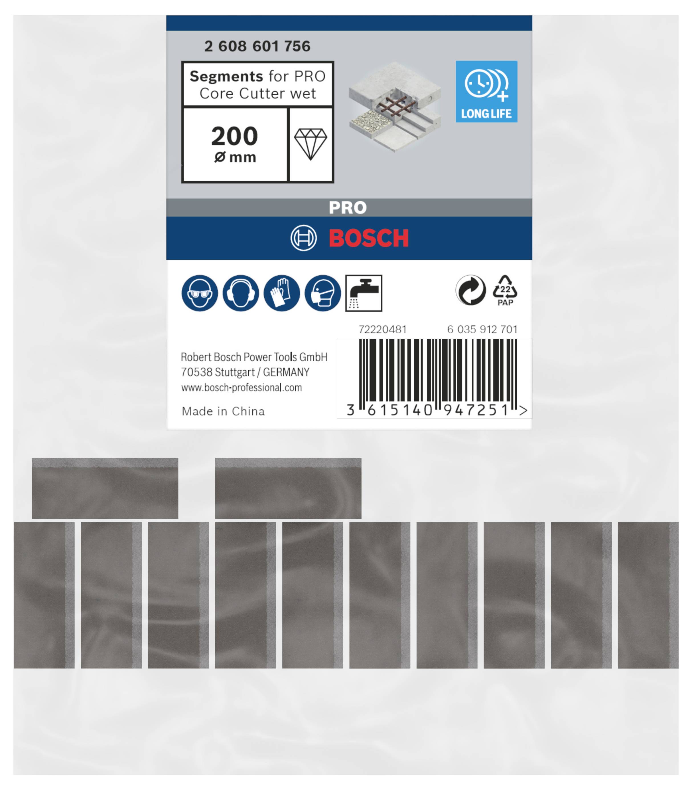 A kép Bosch szegmenseket mutat PRO magfúrókhoz nedves használatra, 200 mm. Termékrészleteket és kapcsolattartási információkat tartalmaz.