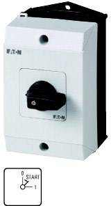 Egy Eaton gyártmányú elektromos kapcsoló kar segítségével vezérelhető indítási/leállítási pozícióval, amely kifejezetten ipari felhasználásra alkalmas.