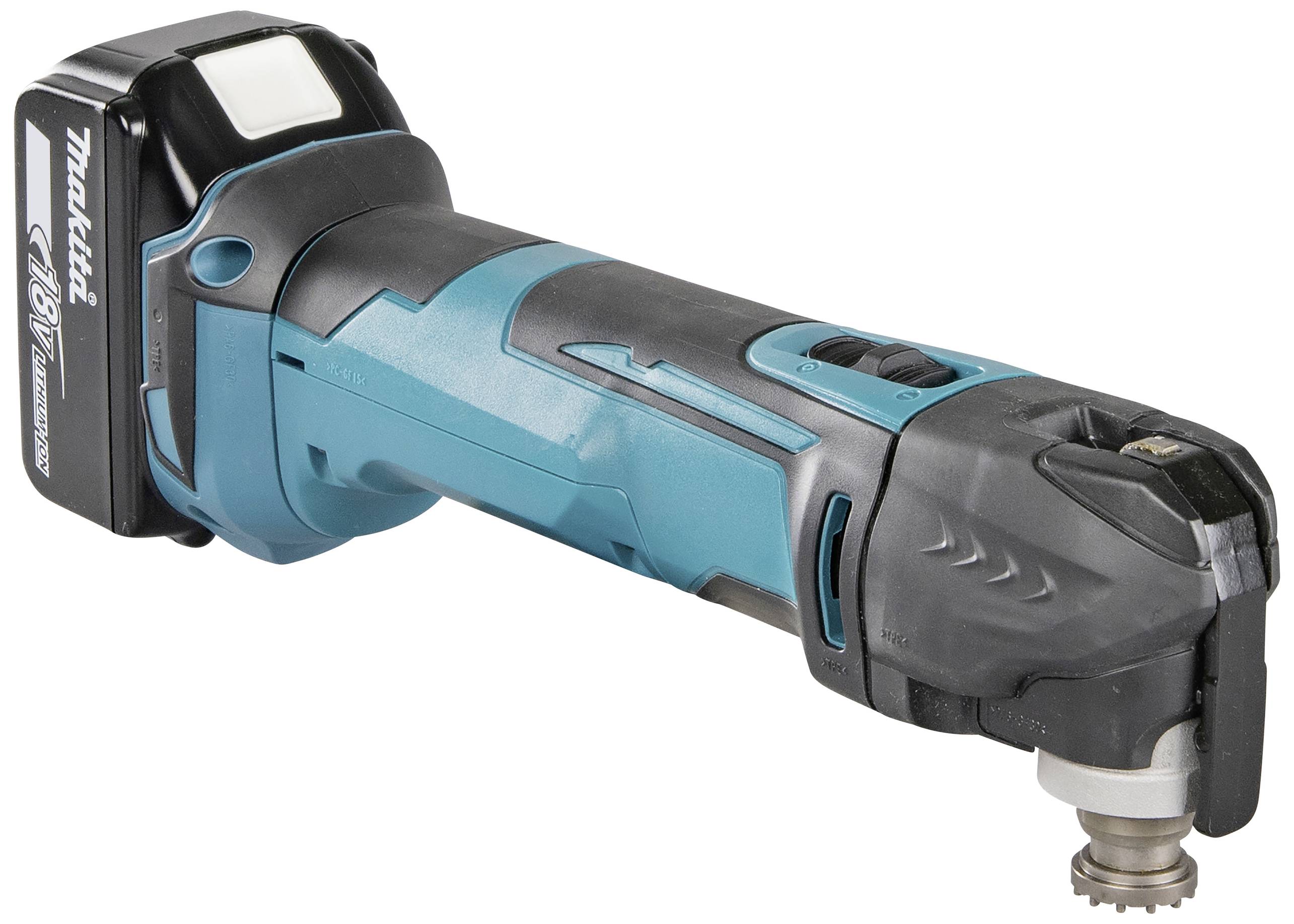 Akkumulátoros multifunkciós szerszám kék és fekete színben, elöl oszcilláló pengével és hátul akkumulátor-egységgel.