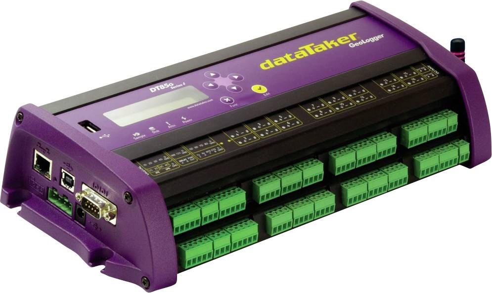"dataTaker Data Logger" eszköz több zöld bemeneti csatlakozóval, LCD kijelzővel és különböző portokkal az adatgyűjtéshez és -elemzéshez.