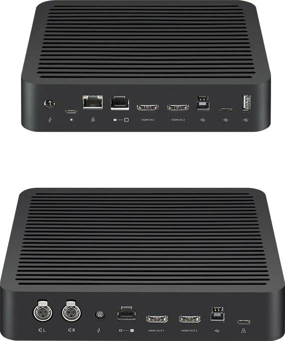 Egy fekete mini-PC, amely elő- és hátoldalán számos csatlakozóval rendelkezik, beleértve a HDMI-t, USB-t és Ethernetet, két különböző nézőpontból megjelenítve.