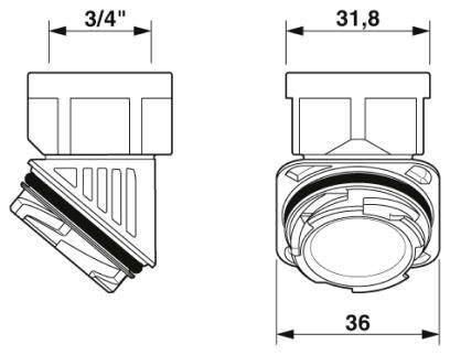 Diagram egy csavaros kötésről két nézetben. Bal oldali nézet egy 3/4 hüvelykes csatlakozású szöget mutat. Jobb oldali nézet 31,8 és 36 mm átmérőt ábrázol.