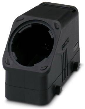 Fekete műanyag ház téglalap alakban, kerek nyílással az elülső oldalán. Műszaki alkalmazásokra alkalmas.