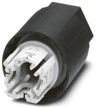 Fekete, hengeres elektromos csatlakozó fehér belső érintkezőkkel, amelyet műszaki alkalmazásokban történő kábeles csatlakoztatásokhoz használnak.