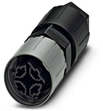 Egy fekete és szürke, kerek, több érintkezős csatlakozó, ipari alkalmazásokhoz tervezve, robusztus házazattal és reteszelő mechanizmussal.