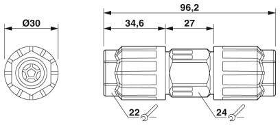 Műszaki rajz egy csatlakozóról. Teljes hosszúság 96,2 mm, átmérő 30 mm. Kulcsméretek: 22 mm, 24 mm.