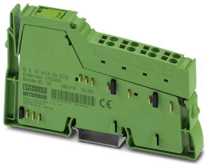 Zöld elektronikai modul több csatlakozóval és porttal, vezérlőrendszerekbe DIN-sínre történő szerelésre tervezve.