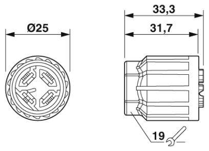 Műszaki rajz egy kerek csatlakozóról méretekkel: átmérő 25 mm, hosszúság 31,7 mm-től 33,3 mm-ig; kulcsméret 19 mm.