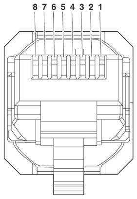 RJ45-csatlakozó diagramja, 1-től 8-ig számozott érintkezőkkel.