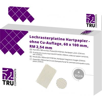 TRU COMPONENTS  Euro panel Cu bevonat nélkül Keménypapír (H x Sz) 100 mm x 60 mm 35 µm Raszterméret 2.54 mm Tartalom 4 d