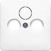 Fehér antenna doboz TV, rádió és műholdas csatlakozáshoz egy falon. Két köralakú csatlakozónyílás és egy csavaros csatlakozási pont.