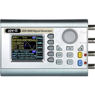 JDS-2900 funkciógenerátor kijelzővel két csatornát mutat: CH1 (szinuszhullám) és CH2 (háromszögjel), amelyek egyenként rendelkeznek frekvencia, amplitúdó és eltolás beállításokkal.