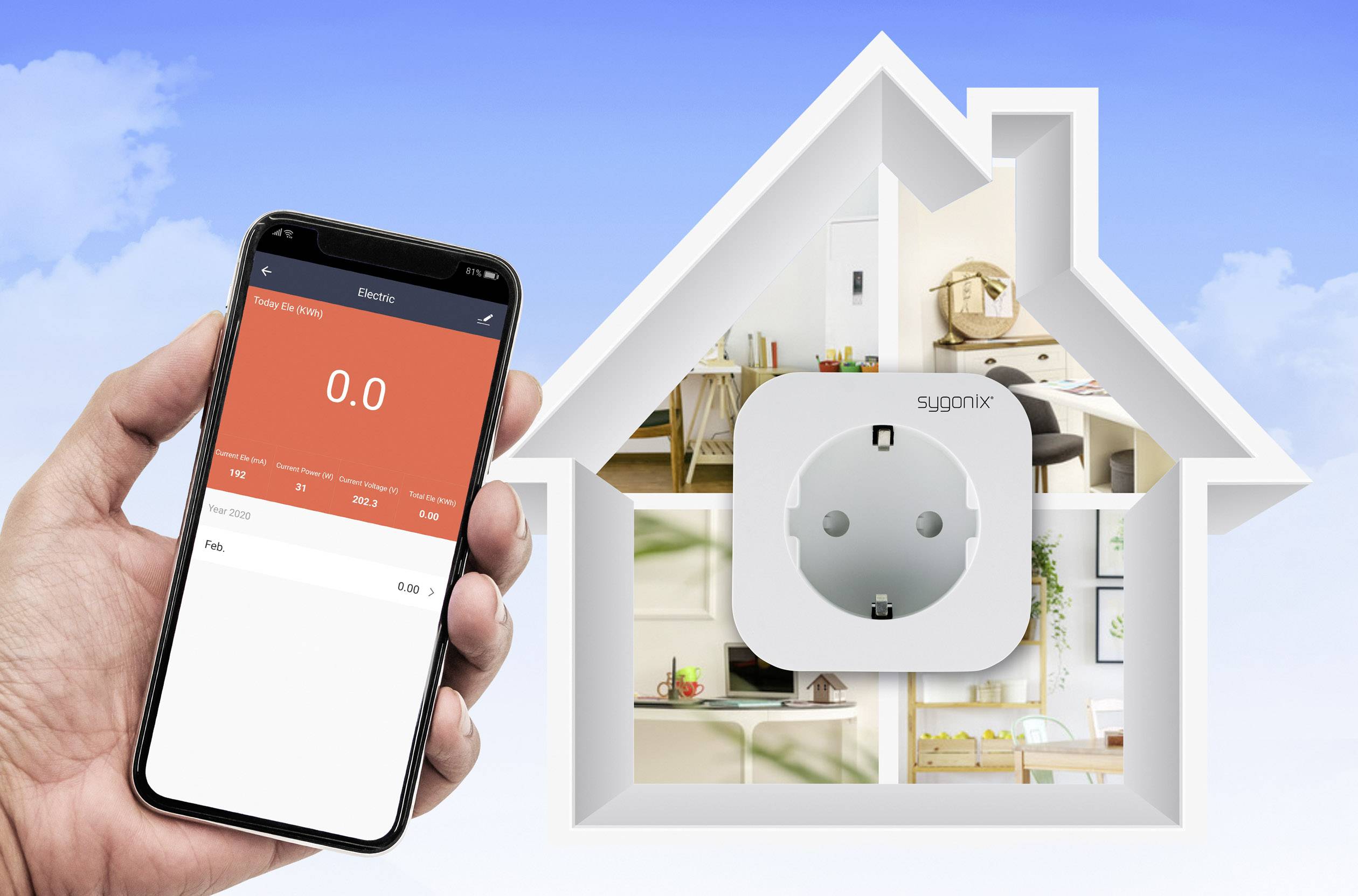 Egy okostelefon kijelzőjén egy energiafogyasztási alkalmazás '0.0' értéket mutat. A háttérben egy konnektor-adapter látható házszerű dizájnnal, amely az okosotthon-technológiát szimbolizálja.