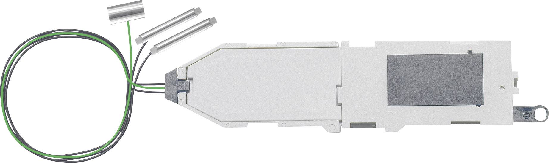 Szürke elektronikai érzékelő kábelekkel és fémcsatlakozókkal, amely valószínűleg egy biztonsági rendszer része, fehér háttér előtt.