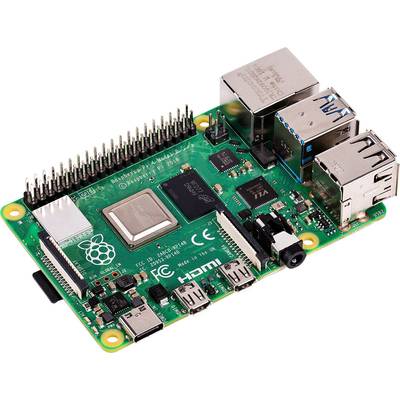 Egy Raspberry Pi 4 egykártyás számítógép HDMI, USB, Ethernet és GPIO csatlakozókkal, fehér felületen elhelyezve.