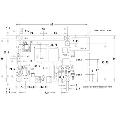 Elektronikai lap műszaki rajza milliméteres méretezéssel. Részletes méreteket és alkatrészpozíciókat tartalmaz.