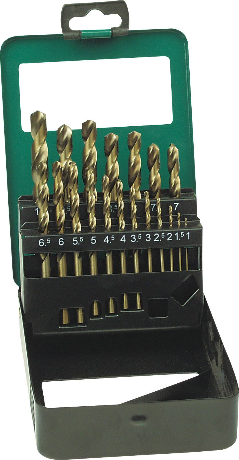Egy fúrókészlet különböző méretű fúrókkal egy nyitott zöld tokban, mérettartomány 1,5-től 6,5 mm-ig.