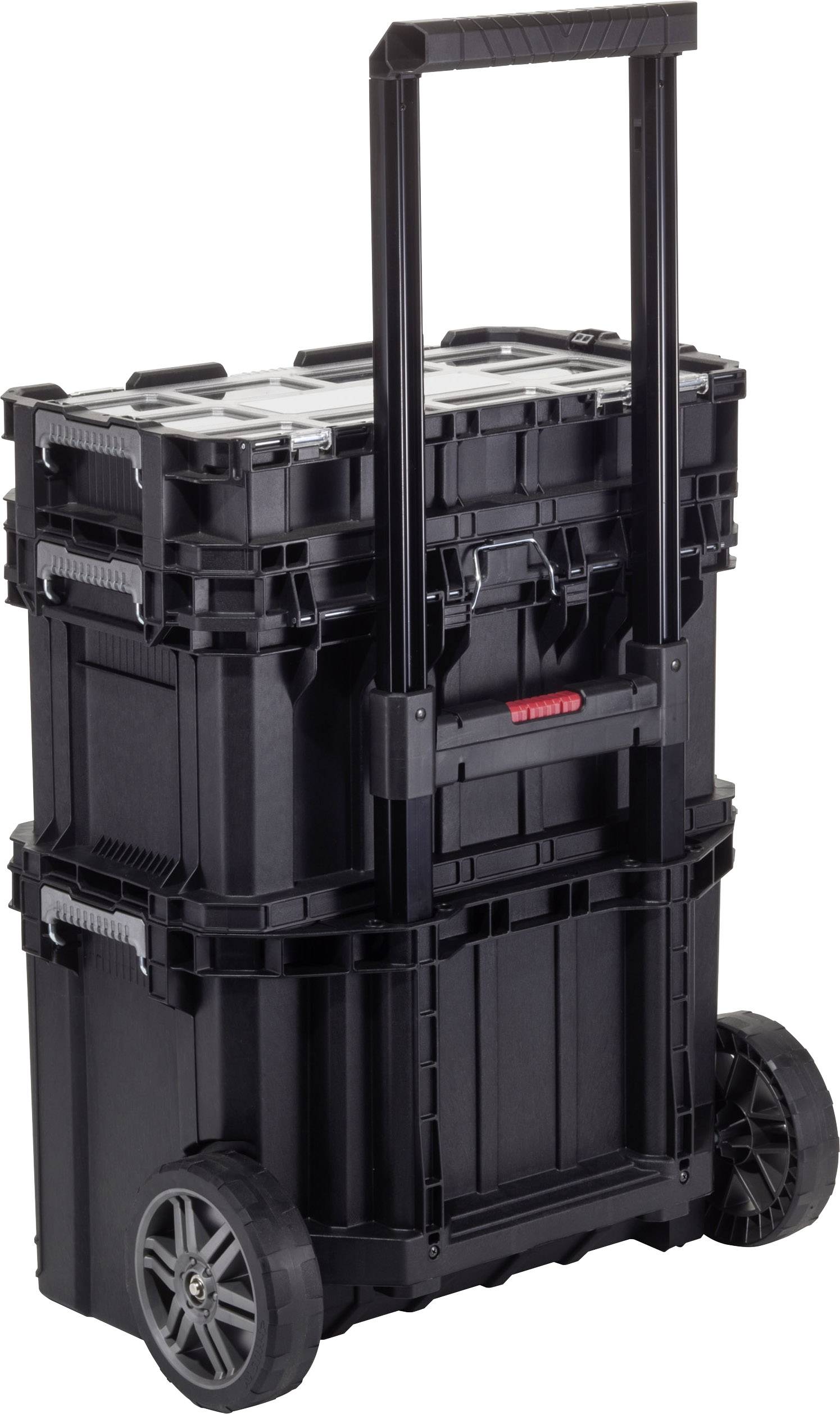 Görgős műanyag szerszámosláda kihúzható fogantyúval. Három egymásra rakható rekesz szerszámok és tartozékok tárolására.