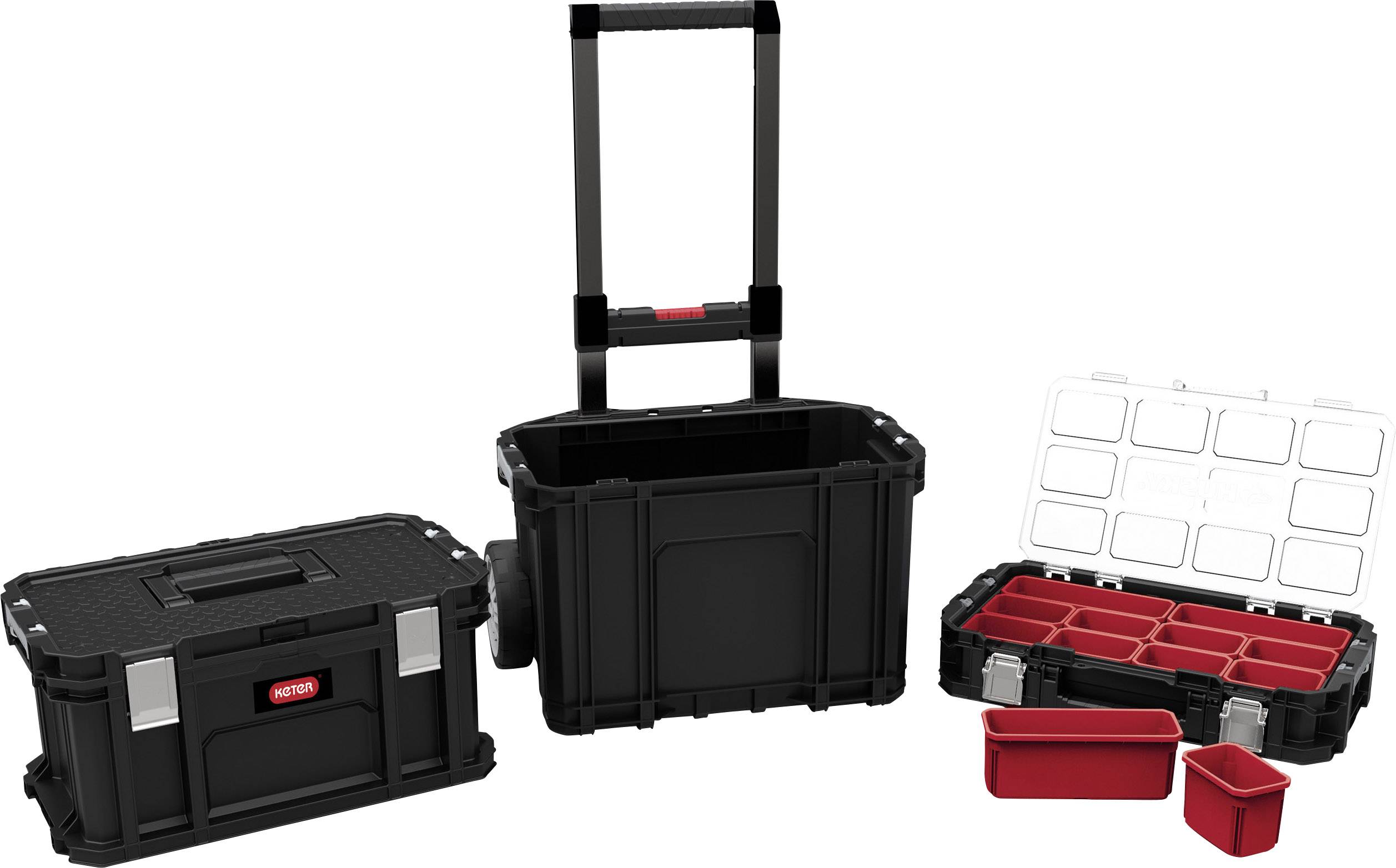 Fekete műanyag szerszámosláda-szett: nagy doboz fogantyúval, közepes doboz rekeszekkel, két piros betét.