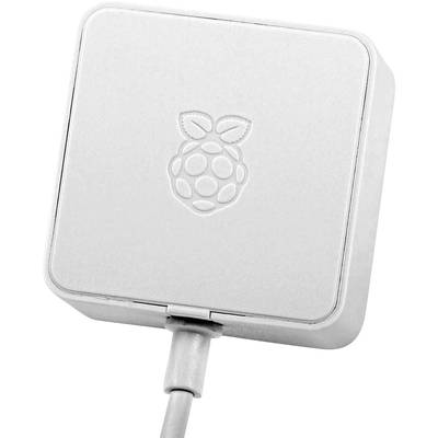 Egy fehér tápegység, rajta bemélyített málna logóval és csatlakoztatott kábellel, valószínűleg egy Raspberry Pi eszközhöz.