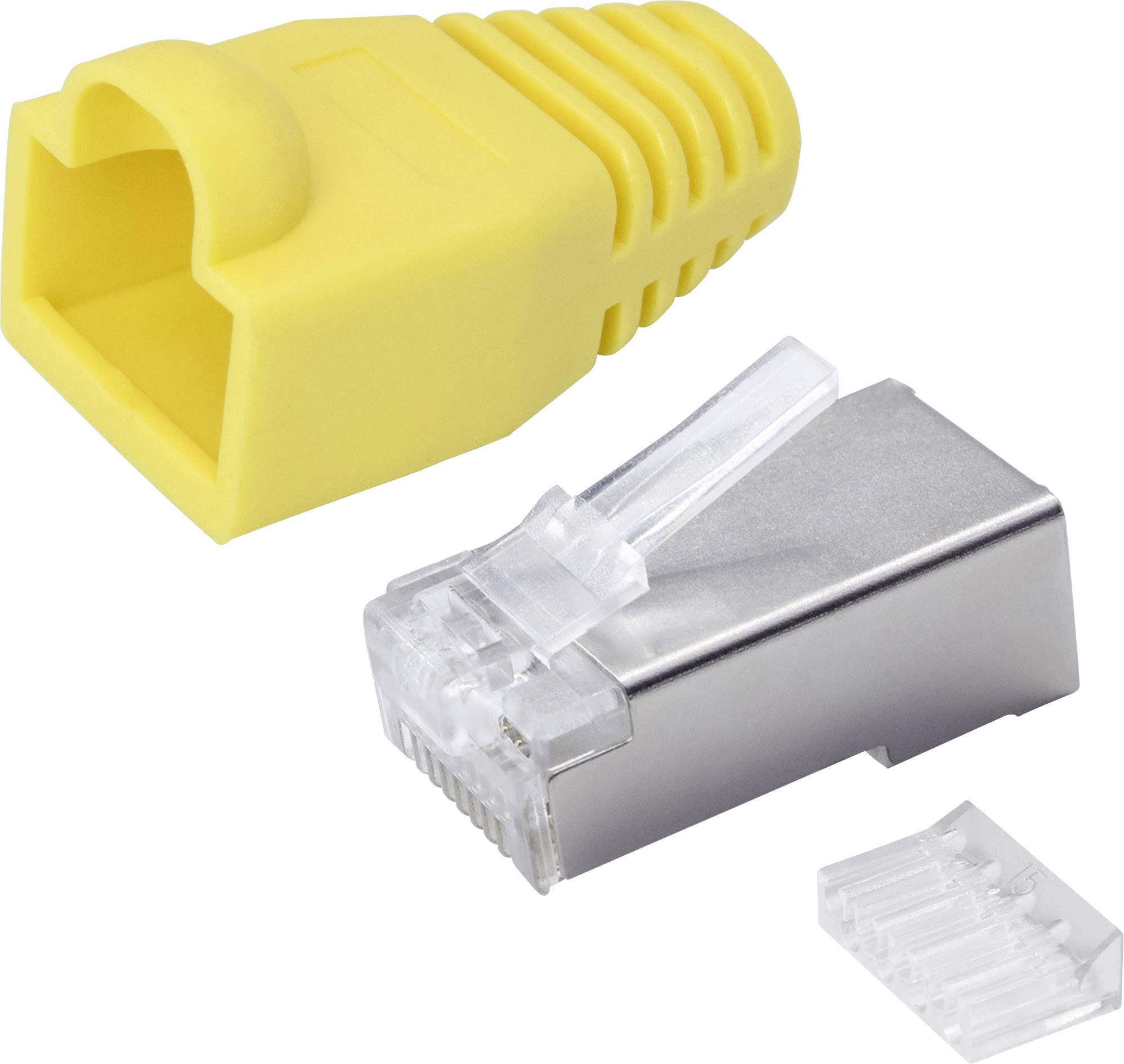 'RJ45-csatlakozó és törésgátló sárga színben, nyitott állapotban. Hálózati kábel szerelésére alkalmas.'