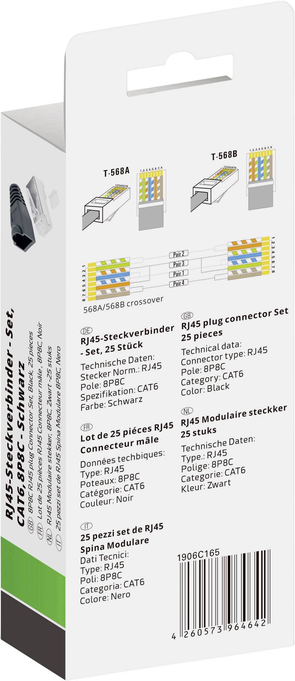 RJ45 csatlakozó szett: 25 darab, CAT6, RJ45, Huzalméret: AWG24-26, Szín: Fekete. Útmutató T-568A/B bekötéshez.