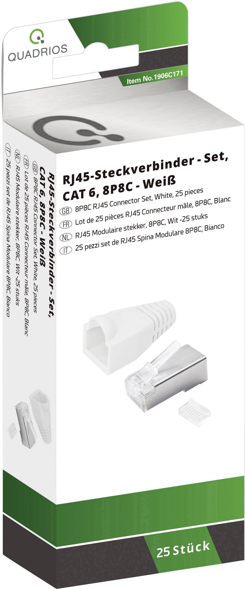 RJ45 csatlakozó szett CAT 6, 8P8C szabványú, fehér színben. Tartalom: 25 darab.