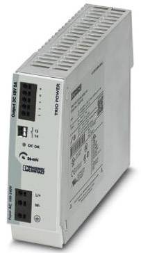 Egy kapcsolóüzemű tápegység 'Trio Power' felirattal és műszaki specifikációkkal. Egyenáramú (DC) kimeneti csatlakozókkal rendelkezik.