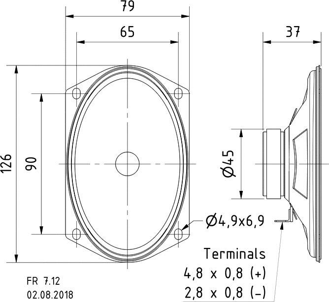 Műszaki rajz hangszóróról méretekkel: Szélesség 79 mm, magasság 126 mm. Csatlakozók: 4,8 x 0,8 mm (+), 2,8 x 0,8 mm (-).'