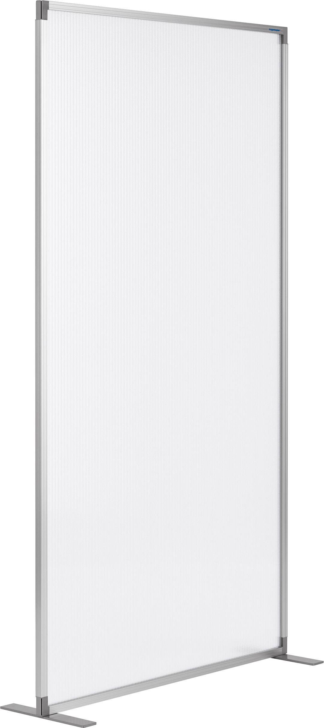 Önálló, szabadon álló, átlátszó válaszfal fémkerettel, amely alkalmas térelválasztásra vagy beltéri higiéniai védelemre.