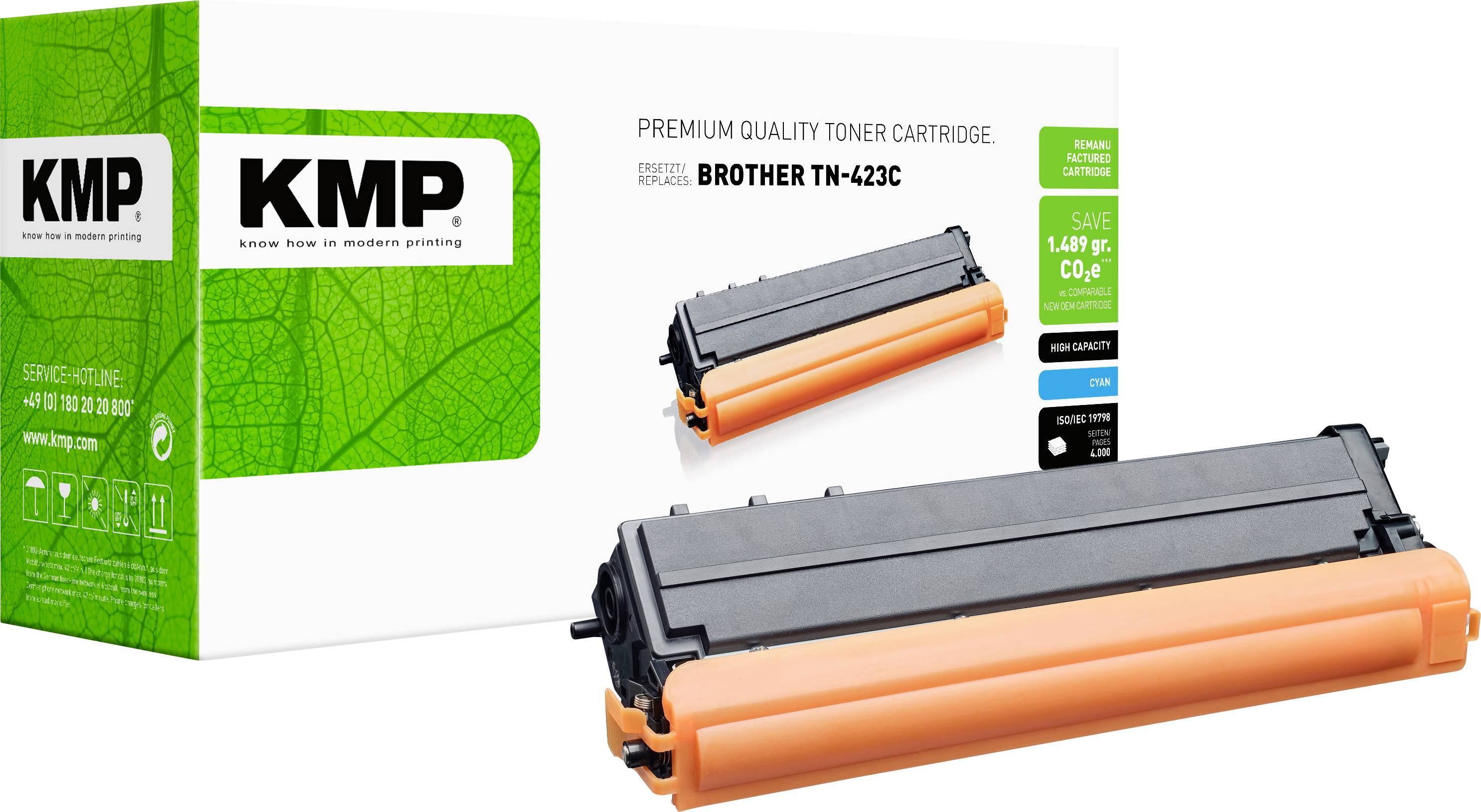 KMP prémium minőségű toner patron Brother TN-423C-hez, zöld termékdobozzal és narancssárga-fekete patronnal fehér háttéren megjelenítve.