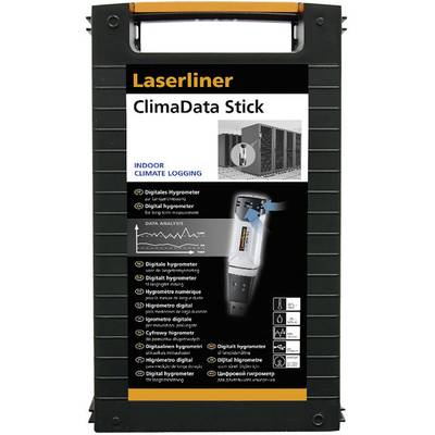 A 'Laserliner ClimaData Stick' csomagolása egy digitális higrométert mutat be, amely beltéri klímaadat-figyelésre szolgál, adatelemzési funkcióval.