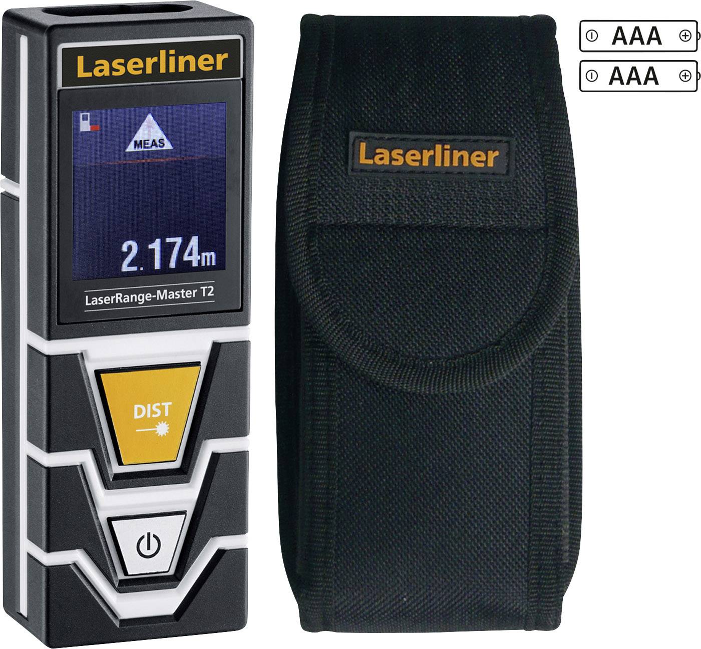 Lézer távolságmérő 'Laserliner LaserRange-Master T2', távolság: 2,174 m. Fekete tokkal és AAA elemekkel együtt.