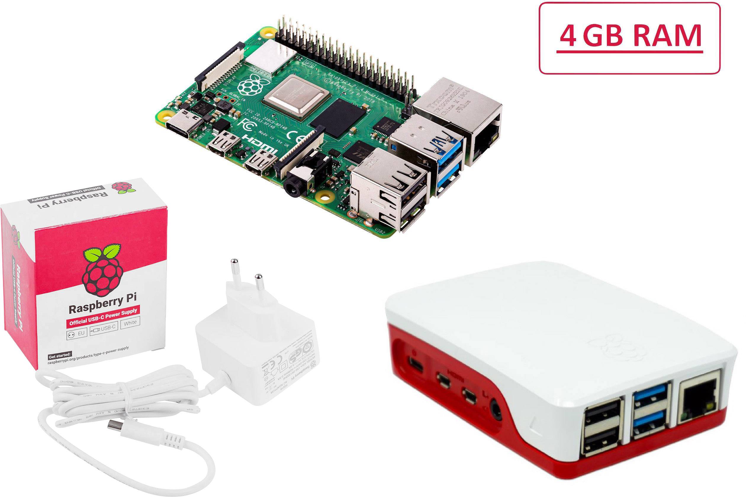 Raspberry Pi számítógép szett, beleértve az alaplapot csatlakozókkal, tápegységgel, házat és csomagolást '4 GB RAM' felirattal.