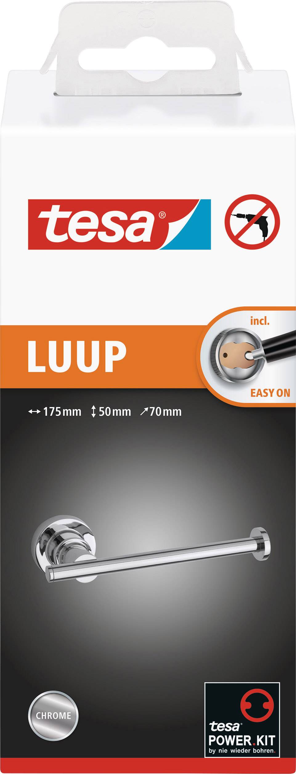tesa LUUP törölközőtartó csomagolása; felül a tesa logó, alul a króm színű tartó képe, méret: 175 mm szélesség.