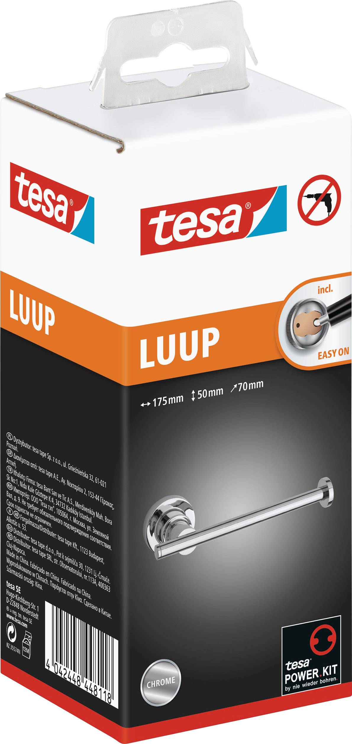 Tesa LUUP fürdőszobai törölközőtartó csomagolása, ezüstszínű kivitelben. A csomagon a termék részletes leírása és a fúrás nélküli egyszerű felszerelés útmutatója látható.