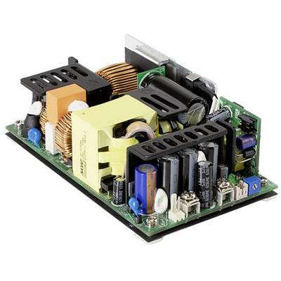 Elektronikus tápegység modul kondenzátorokkal, tekercsekkel és egyéb alkatrészekkel egy áramköri kártyán, amelyet eszközök áramellátásához használnak.