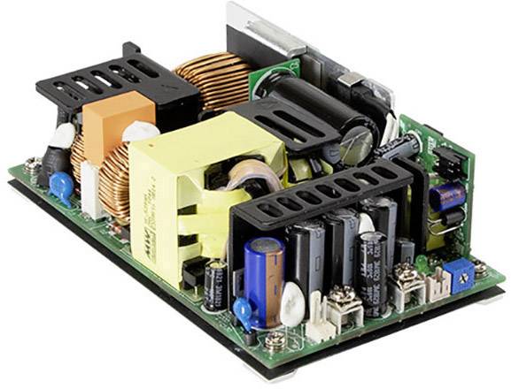 Egy nyitott számítógép-tápegység, amelyen láthatóak a transzformátorok, kondenzátorok és elektronikai alkatrészek egy áramköri kártyán.