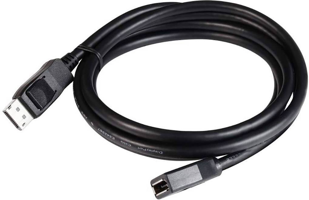 Egy fekete DisplayPort-kábel, csatlakozókkal mindkét végén. Videó- és audiójelek továbbítására szolgál eszközök között.