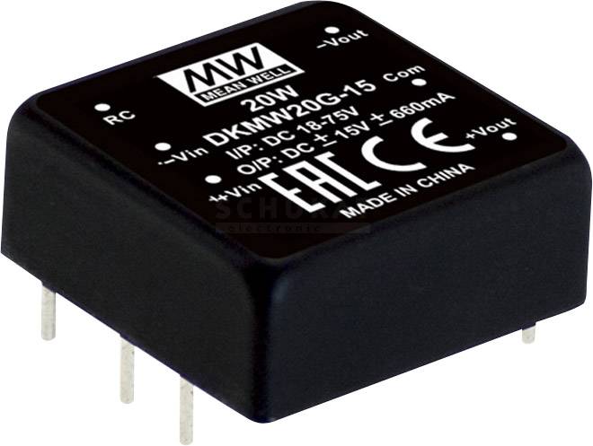 'Schwarzer DC-DC átalakító, DKM20G-15 modell, 20W teljesítmény, bemeneti feszültség DC 18-75V, kimenet DC 15V, 680mA, CE-tanúsítvánnyal.'