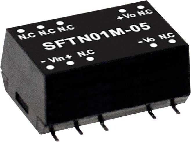 Fekete elektromos alkatrész-chip, amelyre az 'SFTN01M-05' felirat van nyomtatva. Lábak találhatók az alján elektronikai áramkörökbe történő beépítéshez.
