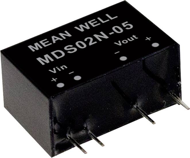 MEAN WELL MDS02N-05 áramátalakító, téglalap alakú ház, három érintkezővel alul, amelyeken a Vin, Vout, +/– polaritás felirat szerepel.