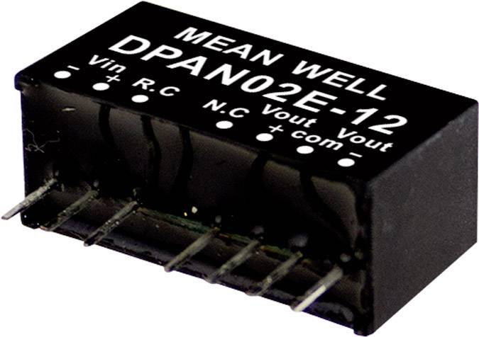 Fekete elektronikus alkatrész, amelyen a 'MEAN WELL DPAN02E-12' felirat szerepel, és mutatja a csatlakozókat és műszaki specifikációkat.