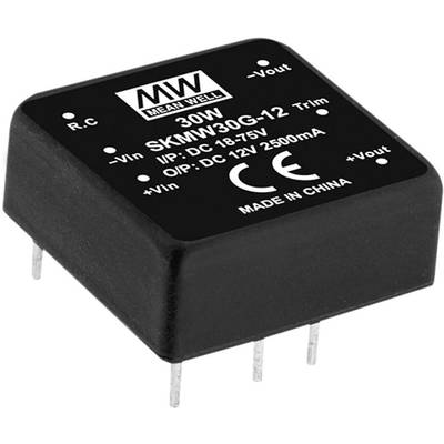 Egy fekete elektronikus feszültségátalakító, amelyen 'MEAN WELL 30W' felirat szerepel. A bemeneti és kimeneti feszültség fel van tüntetve.