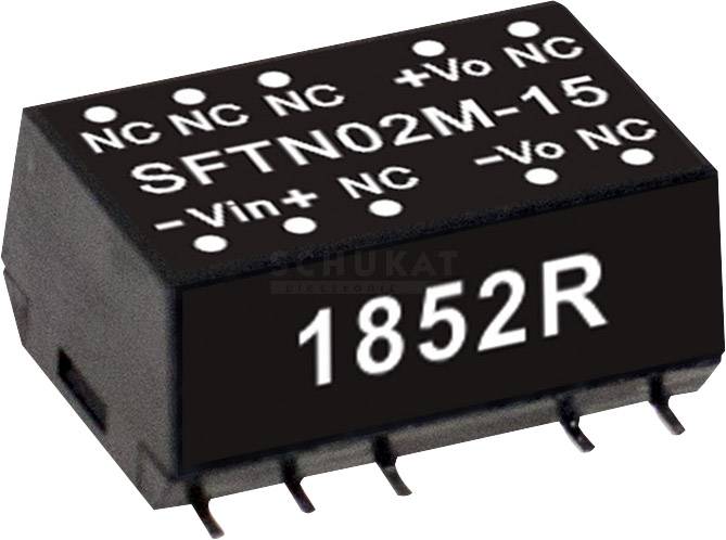 'Egy fekete elektronikai alkatrész, amelyen az SFTN02M-15 és 1852R felirat olvasható. Az alján több érintkező pin látható.'