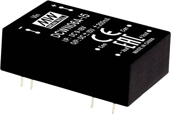 Fekete elektronikus egyenáramú átalakító, amely a '9-18V bemeneti feszültség' és a '15V ±200mA kimeneti feszültség' felirattal van ellátva, elektronikai alkalmazásokhoz tervezve.