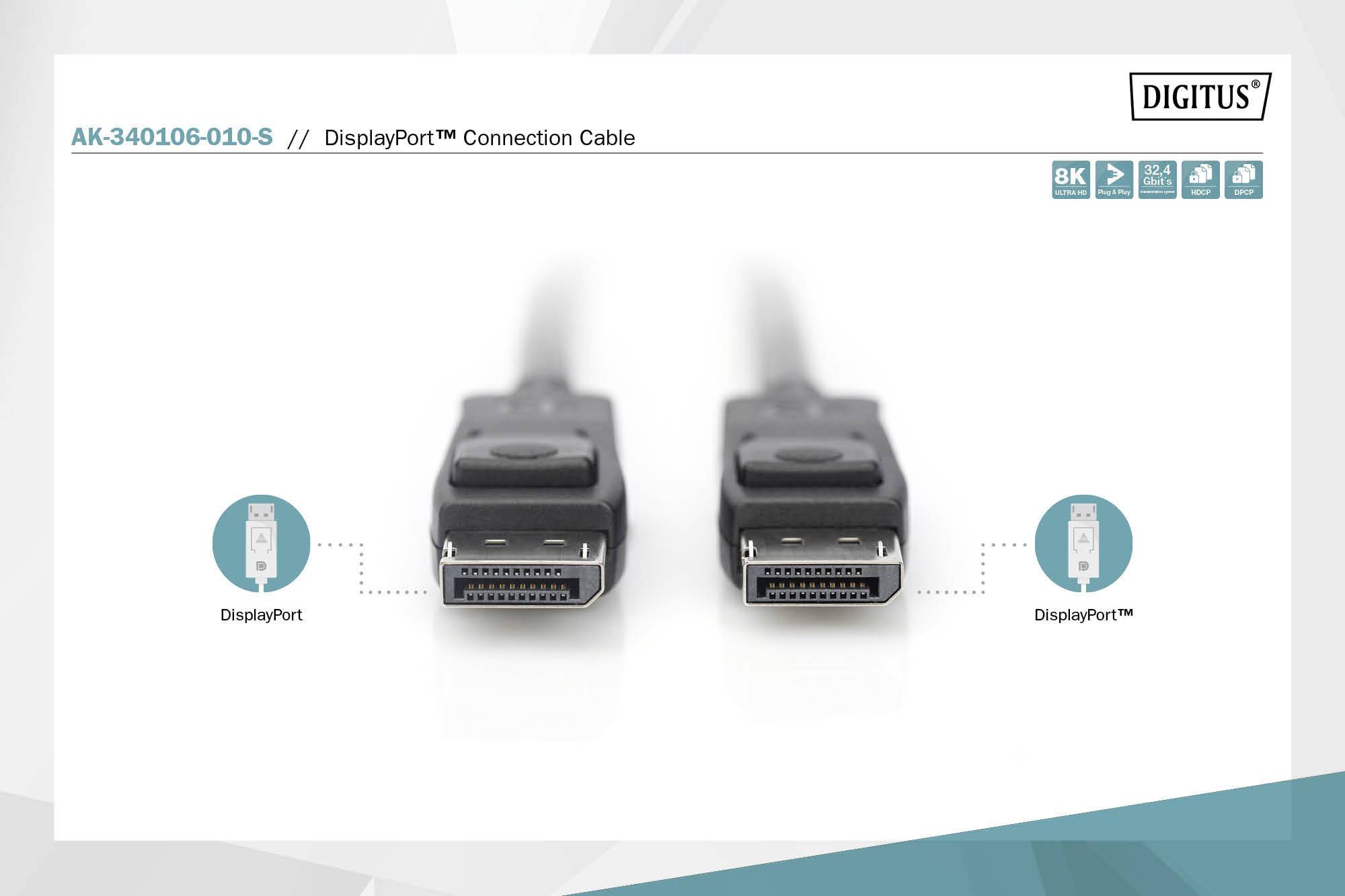 Két DisplayPort-csatlakozó egy összekötő kábelen. Bal oldalon 'DisplayPort-csatlakozódugó' képpel, jobb oldalon 'DisplayPort-aljzat' képpel.