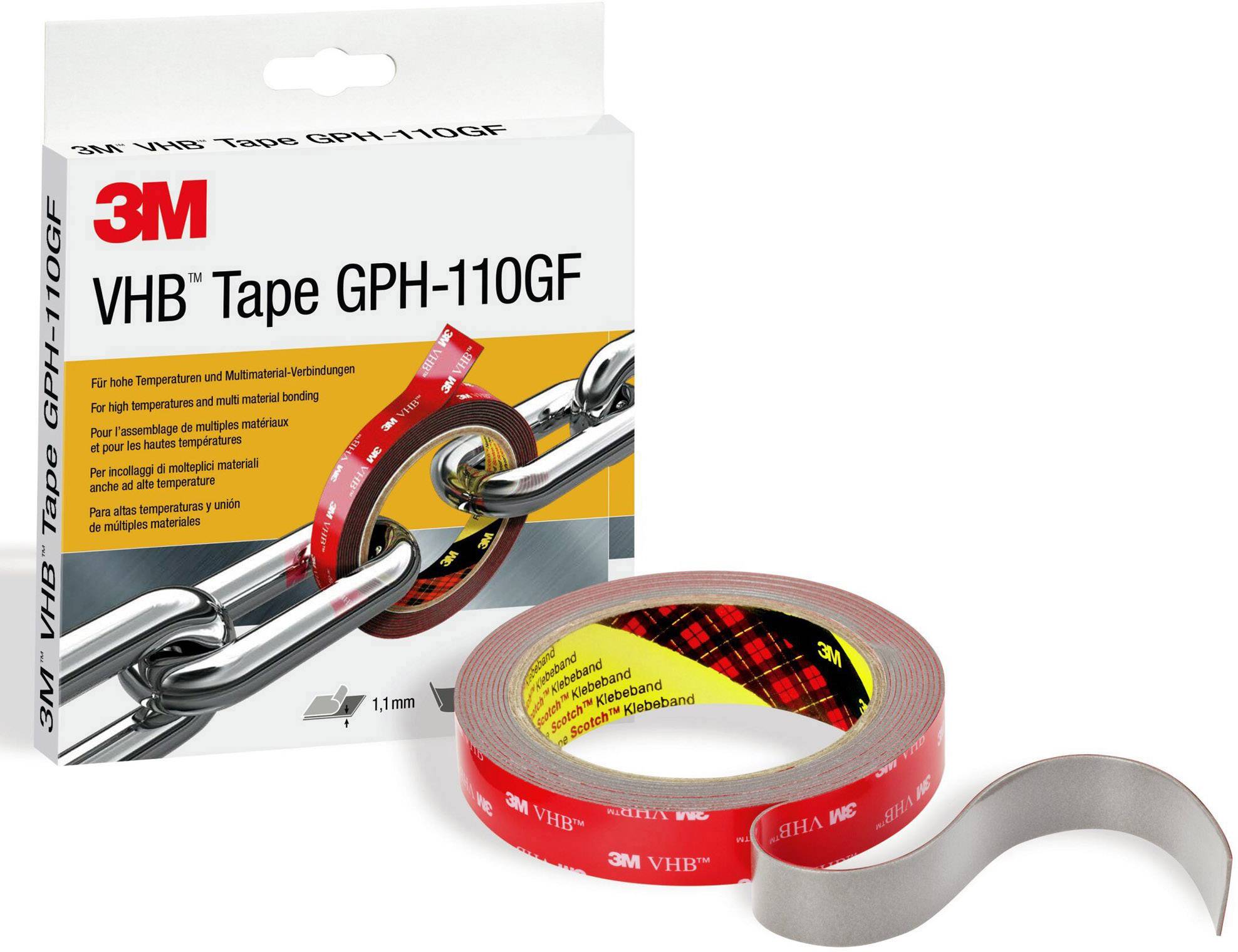 '3M VHB Tape GPH-110GF' ragasztószalag az előtérben, csomagolás a háttérben. Magas hőmérséklethez és sokoldalú felhasználásra alkalmas.