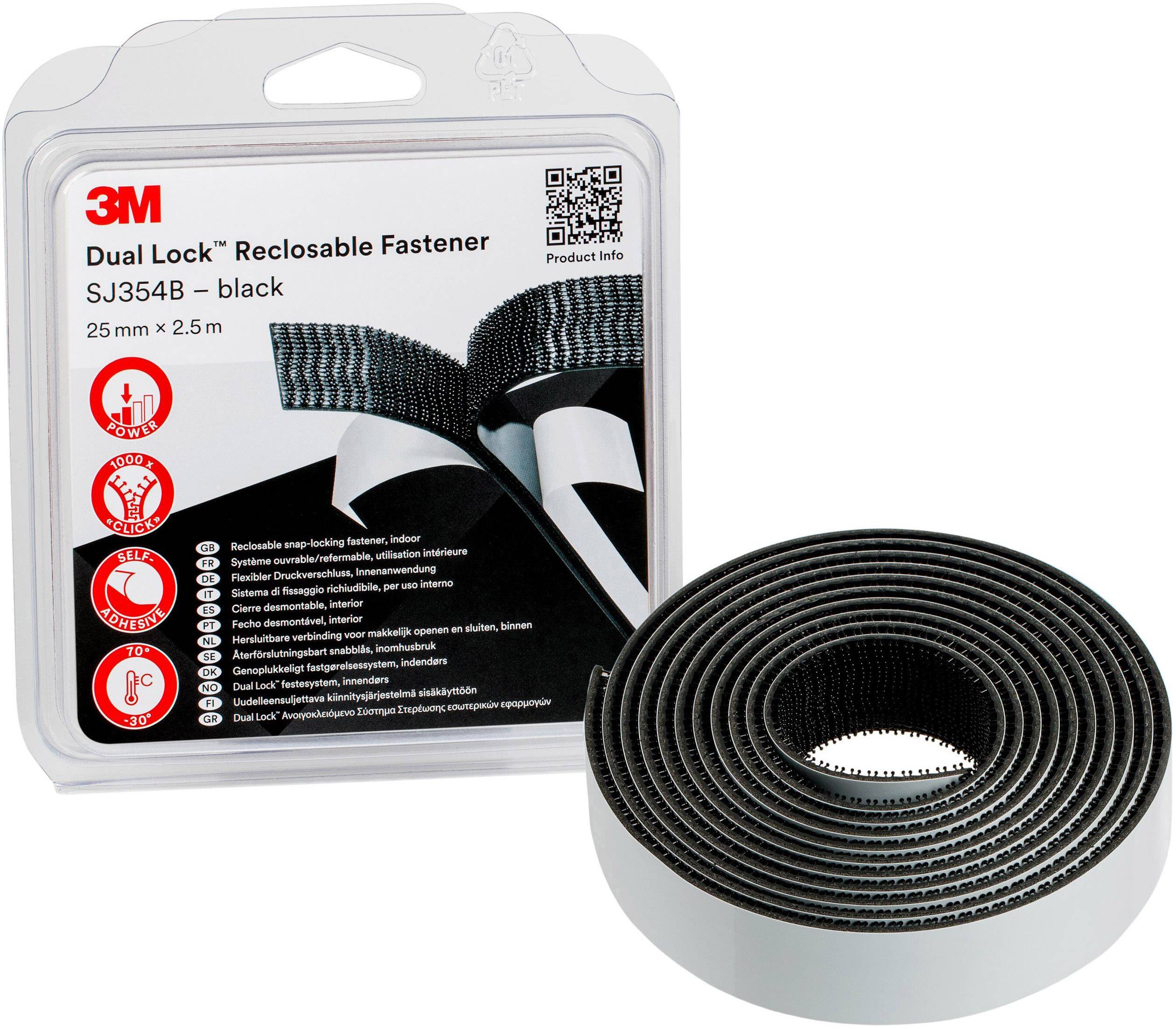 3M tépőzár, SJ354B modell, fekete színben. A csomag bemutatja a termék alkalmazását és részleteit. Méret: 25 mm x 2,5 m.
