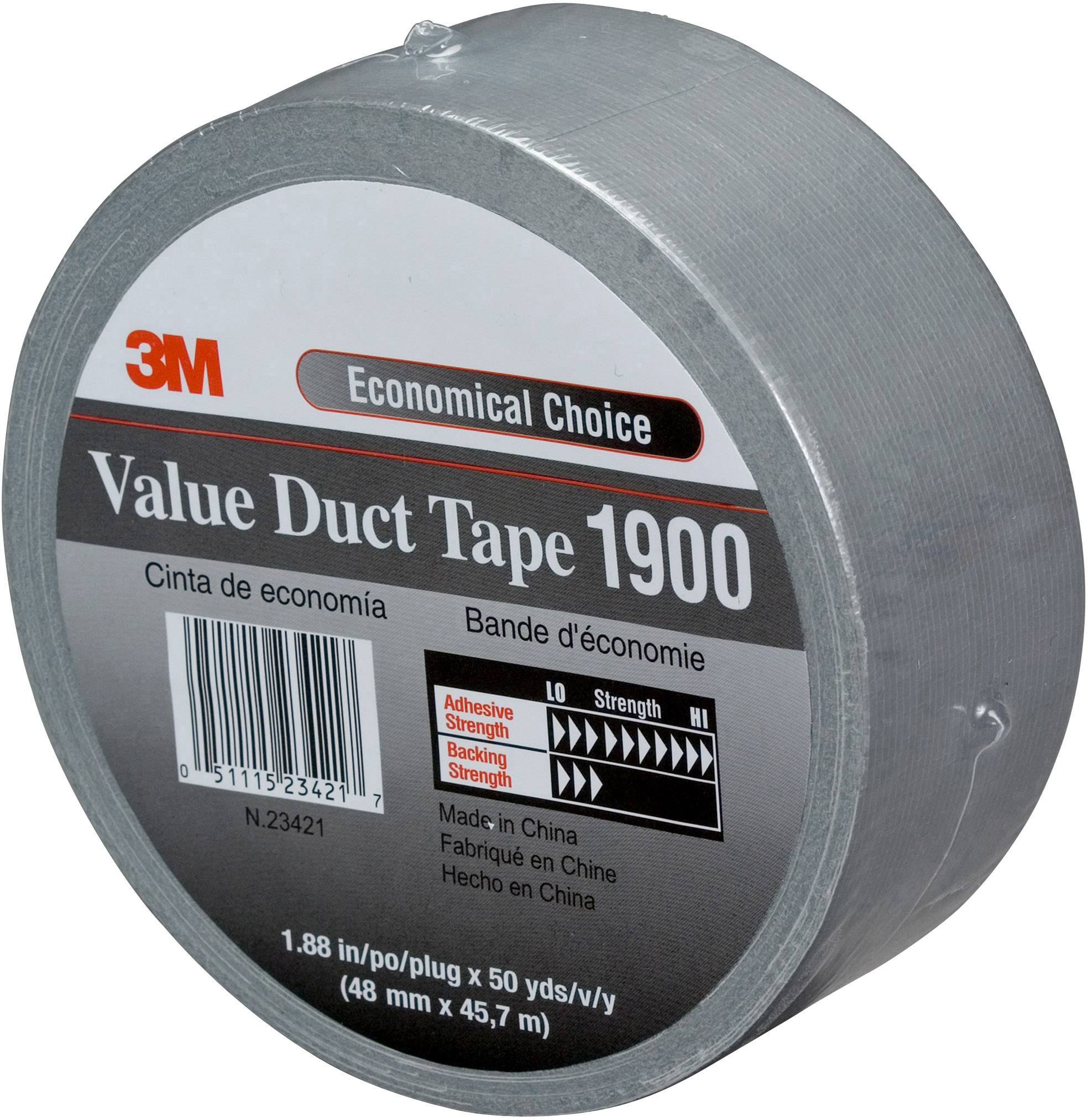Egy 3M 'Value Duct Tape 1900' márkájú ezüst ragasztószalag-tekercs. A csomagoláson szereplő szöveg: 'Gazdaságos megoldás' és méretadatok.